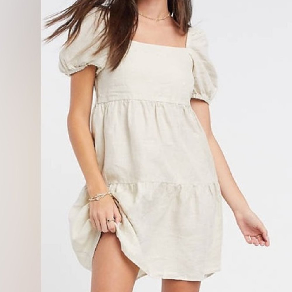 Mango Linen Puff Sleeve Dress